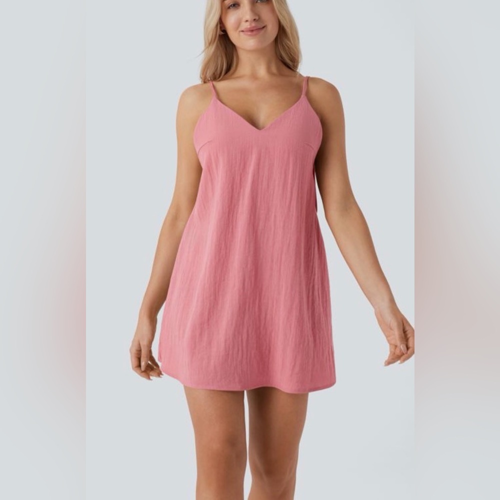Halara V Neck Tie Pocket Mini Linen-Feel Dress